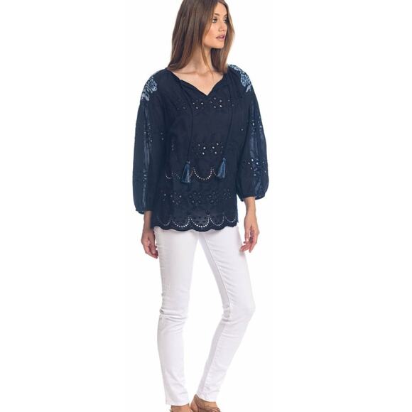 NWT Anthropologie Tolani Brenna Navy Embroidered Eyelet Blouse XS Cotton Boho - Picture 2 of 12
